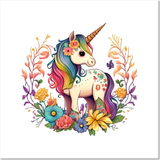 Cute Floral Unicorn Posters and Art